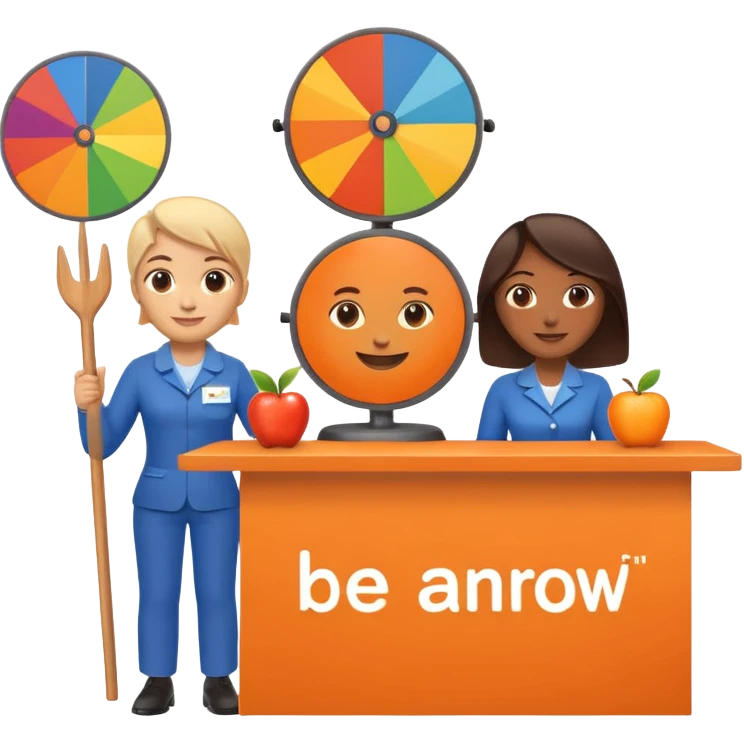 pple-style emoji of a recruitment booth. Two cartoon figures stand behind an orange table with 'MARROW, be a match' branding, a colorful spinning wheel, and a branded vertical banner. Simplified and cute emoji