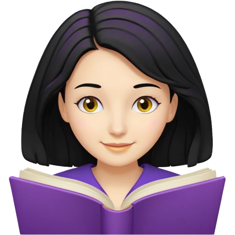 검정머리에 책읽고있는 여자. 해줘. 그리고 그 책으로 얼굴 반은 가린듯한 머리는 약간 파마 앞머리 없고 그리고 너무 무섭게 말고 책 읽는다고 얼굴 반은 가린듯한 책은 흰색에 보라색 노란색 섞여있고. 약간 미소 emoji