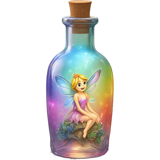 Antique oil bottle made of crystal glass of all gentle colors of the light rainbow, a living flower fairy sits at the bottom of the bottle emoji