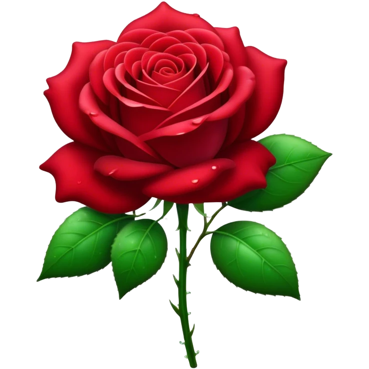 Cinematic Realistic Rose Emoji, Elegant and full of grace, with velvety, deep red petals unfurling in a perfect bloom, dew drops glistening on the soft edges, and a faint fragrance hanging in the air. The lush green leaves surround the stem, creating a vibrant contrast to the rich color of the petals. Soft glowing outline, capturing the essence of timeless beauty and romance in a single bloom. emoji