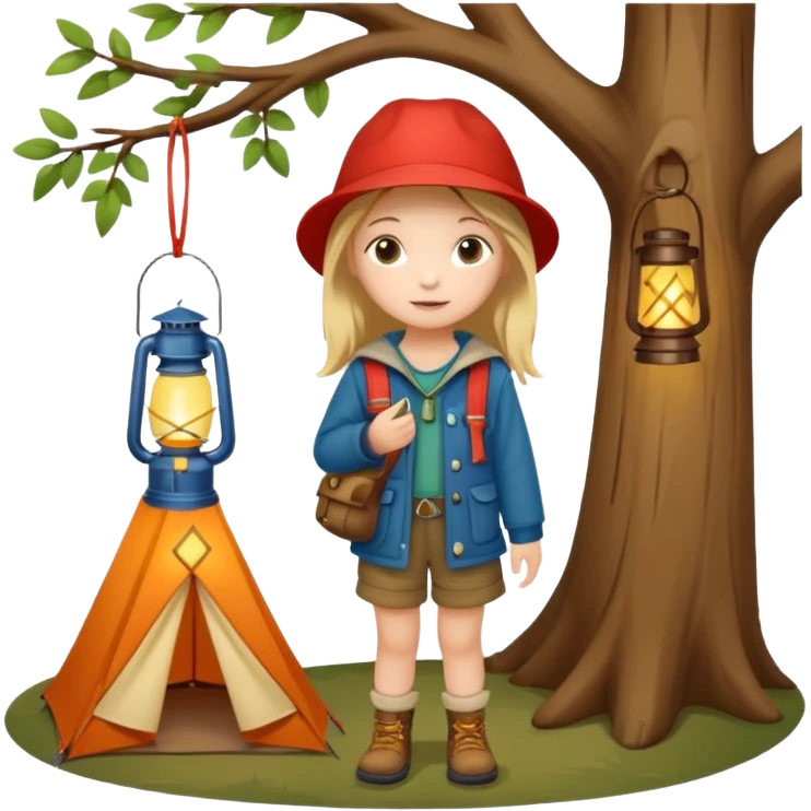 Adorable little girl in camping attire standing beside a tree holding a lantern, looks like it is made of felt texture, scrapbooking style, transparent background emoji