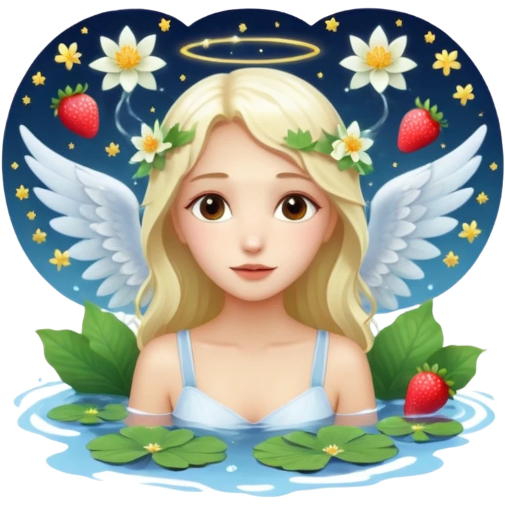 a beautiful angel like girl mix with  watel lili and  Strawberries  being born with an nenuphar on her light hair on stars  emoji