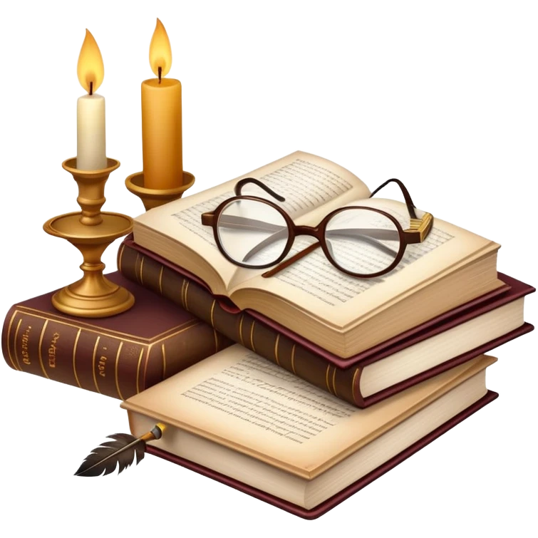 An icon showing an open classic book with elegant pages, a feather quill, and reading glasses resting on top. Behind it, a stack of literary works and a candle evoke deep study and timeless stories. Transparent background highlights the analysis of literature and texts. emoji