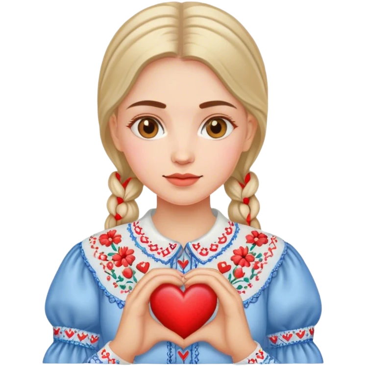A Ukrainian woman in an embroidered shirt holds a heart in her hands emoji