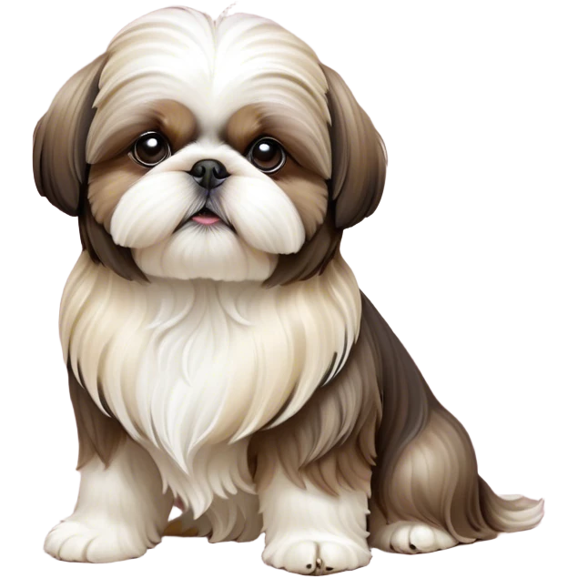 Cinematic Noble Shih Tzu Portrait Emoji, Poised and elegant, with a luxurious, flowing fur in refined muted tones, delicate features and wise, gentle eyes, simplified yet meticulously detailed, glowing with a soft, regal radiance, high shine, exuding quiet dignity and timeless charm, soft glowing outline, capturing the essence of a noble Shih Tzu that epitomizes refined poise! emoji