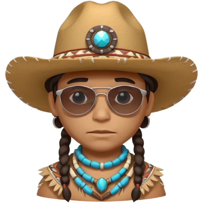 cute Indigenous tribal character portrait, head and shoulders only, cowboy hat, sunglasses, tribal accessories, confident expression, 3D cartoon, mobile game icon style, clean background, no text, no watermark
 emoji