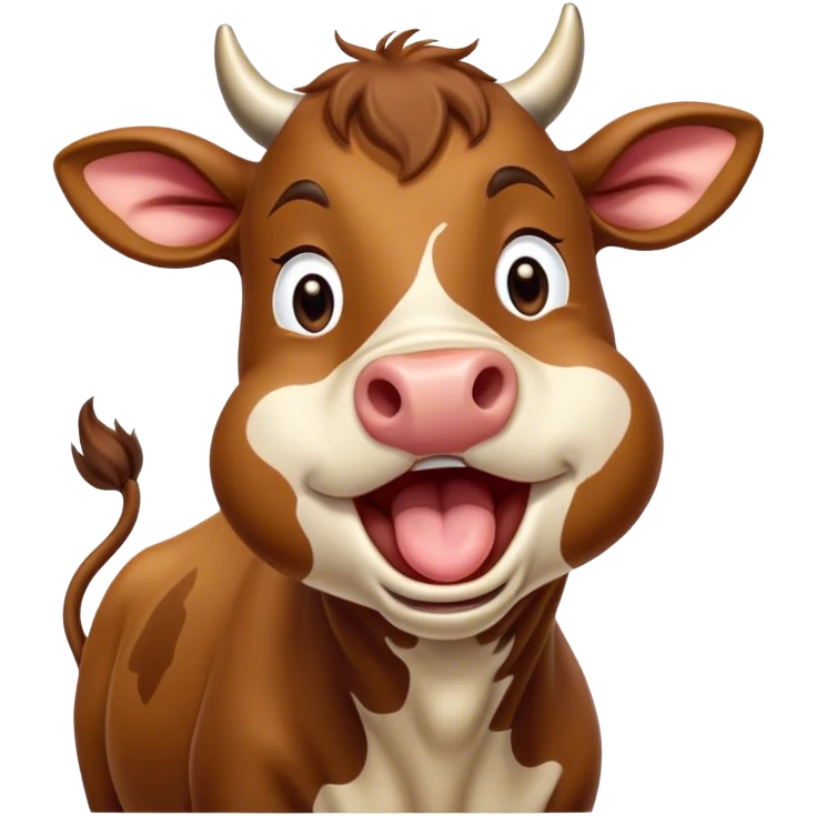 Cinematic Cute Yawning Brown Cow Portrait Emoji, Head tilted slightly with a dramatic, wide-open yawn, showcasing a smooth, rich brown hide with a subtle shine, floppy ears slightly drooping, round brown eyes barely open in drowsy contentment, Simplified yet irresistibly adorable features, highly detailed, glowing with a soft, cozy glow, high shine, relaxed yet expressive, stylized with a touch of pastoral whimsy, bright and endearing, soft glowing outline, capturing the essence of a sleepy yet affectionate cow, so drowsy it feels like it could amble right out of the screen and curl up for a nap! emoji