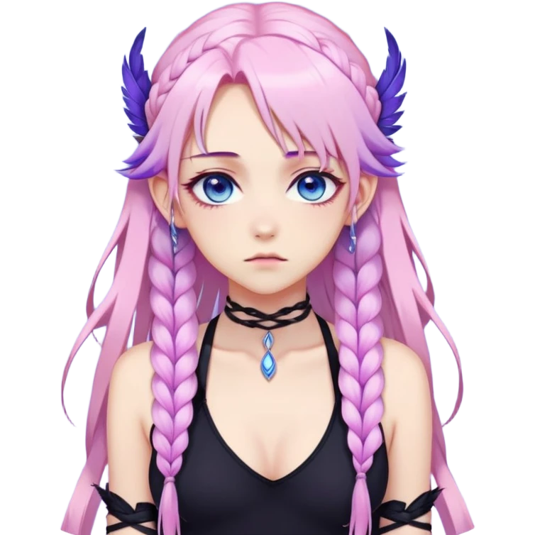 Gorgeous beautiful pretty grumpy anime lady long-pale-whitish-pastel-pink-hair with one braid on each side, hanging gradient-purple-pink feather-ear-cuffs on each side in hair, black bodysuit covering neck, blue eyes, pink iris, ethereal, fashion aesthetic  emoji