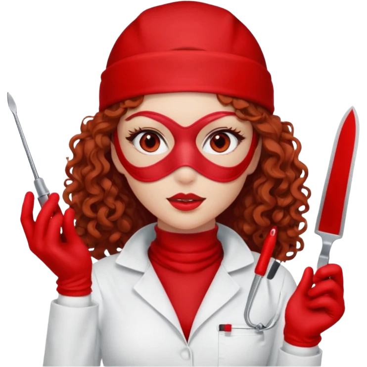 Scary woman scalpel in hand, evil surgeon sexy surgeon clothes.  She has red eyes. Her  brown long curly hair. Wears sexy doctor outfit with red gloves. make her wear red ski mask  to hide. Wears white surge9n jcketneb emoji