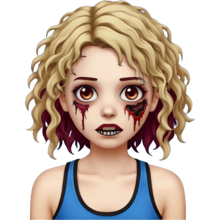 Crie um emoji de uma garota zumbi, como esta: "🧟‍♀️'. Porém invés da camiseta, uma regata fina e de cor preta, os cabelos loiros escuros na altura do ombro e picotado, liso na raiz e cacheado nas pontas, com mechas azuis na frente e a parte de trás pintada de vermelho vinho emoji