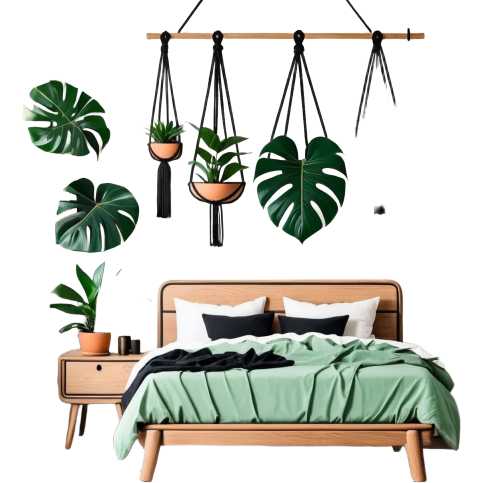 modern bohemian bedroom with monstera plants, hanging planters, macrame wall art, and wooden furniture emoji