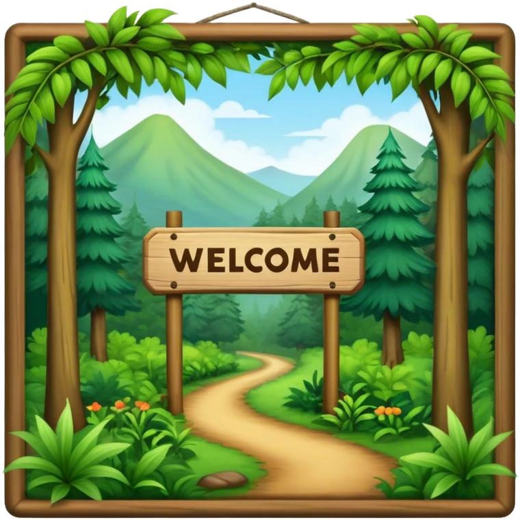 A sign that says “Welcome to Htrae” with a lush forest in the background emoji