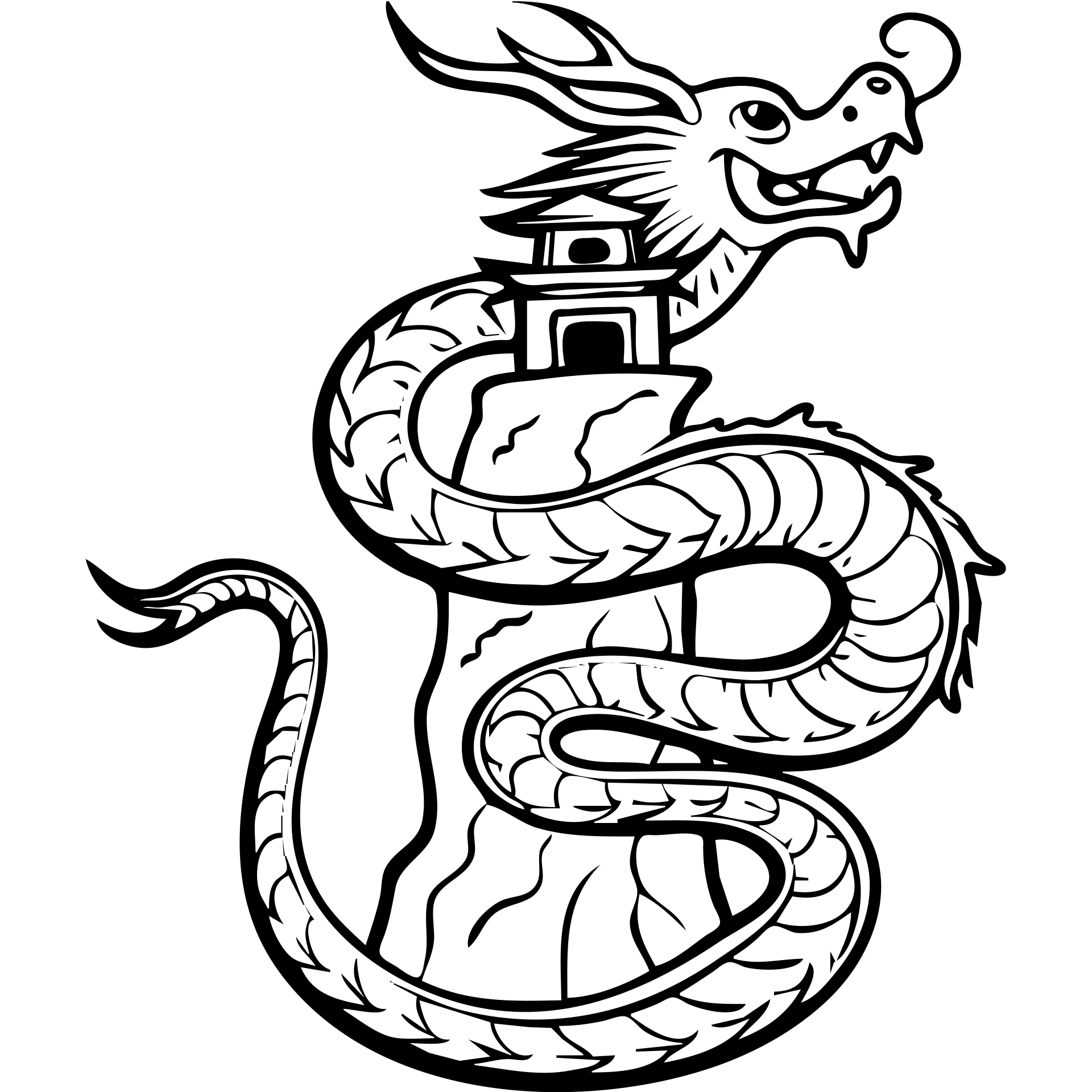Eastern serpent dragon spiraling around a rocky cliff with a pagoda temple at the summit emoji