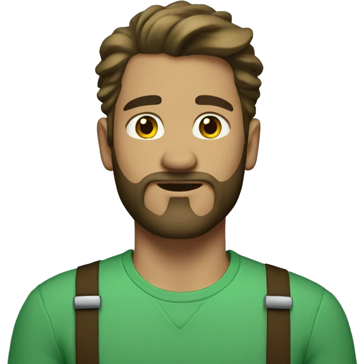 man with light skin and brown long hair and beard in green shirt and suspenders emoji