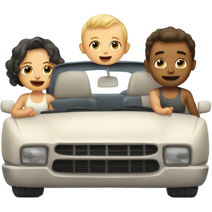 Baby in a car with mom and dad with stomach showing in a tank top emoji