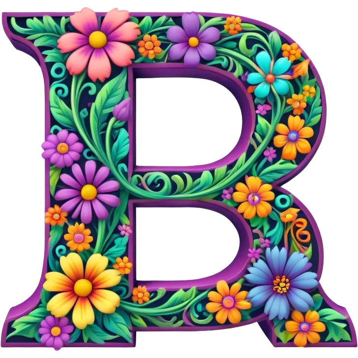 3D, gothic style psychedelic colored capital Letter P with hippie style flower border emoji