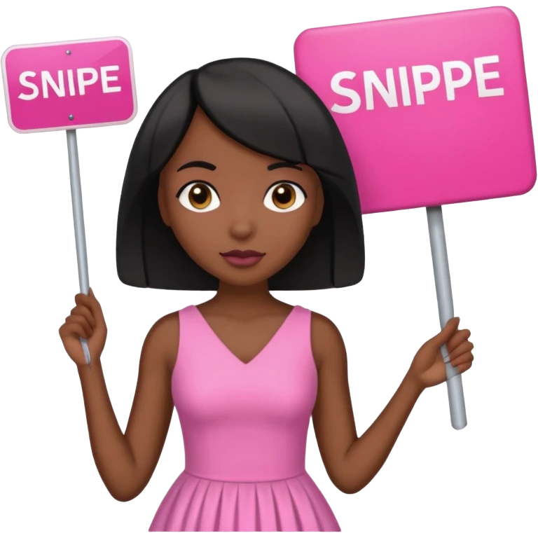 Dark skin woman with black bob in hair holding sign that says snipe  wearing pink dress  pink sign  emoji