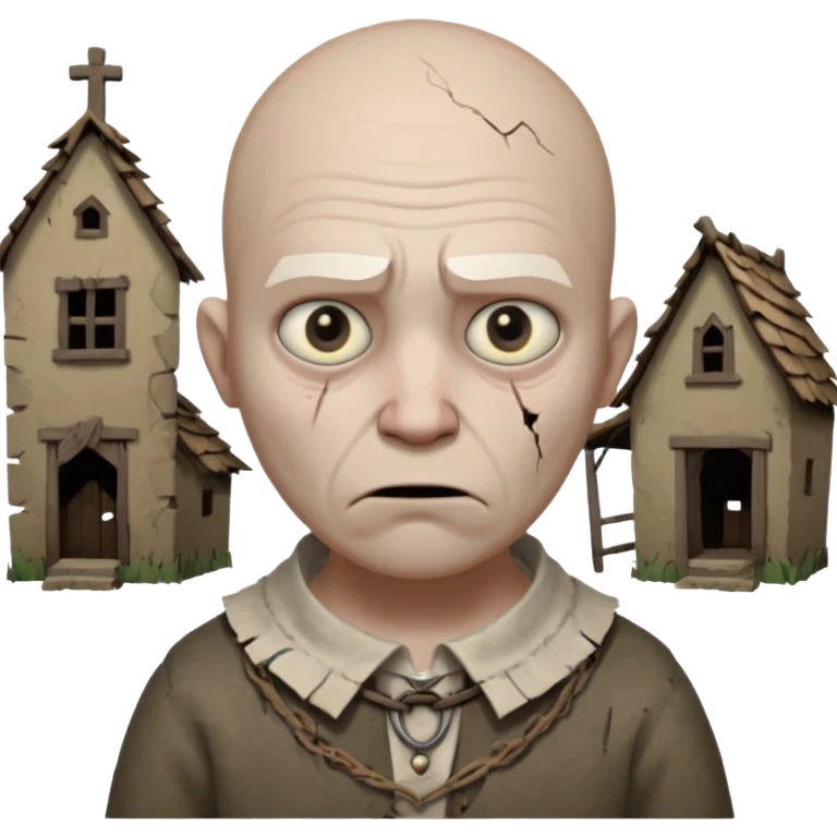 cursed village villager portrait, head and shoulders only, pale skin, torn rustic clothes collar, haunted eyes, eerie atmosphere, 3D cartoon, mobile game icon style, clean background, no text, no watermark

 emoji