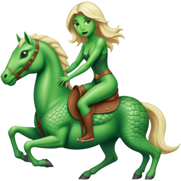 reptilian alien green woman, rides blonde horse
 emoji