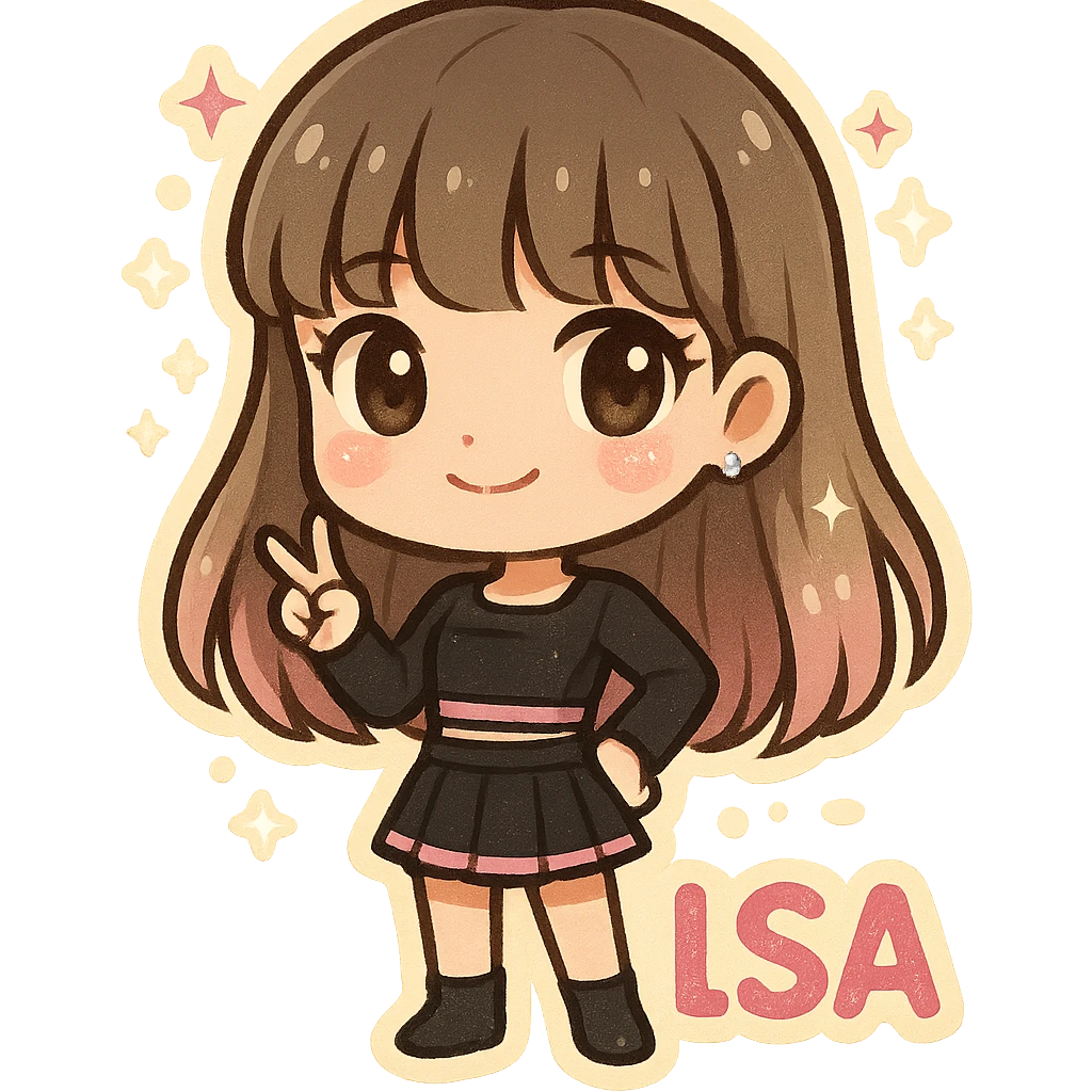 chibi sticker of Lisa from BLACKPINK, black and pink colors, cute and collectible style, with glitter and sparkles emoji