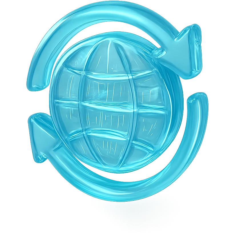 Minimalist icon of a globe with arrows circling around it, flat design, representing website traffic, cyan blue emoji