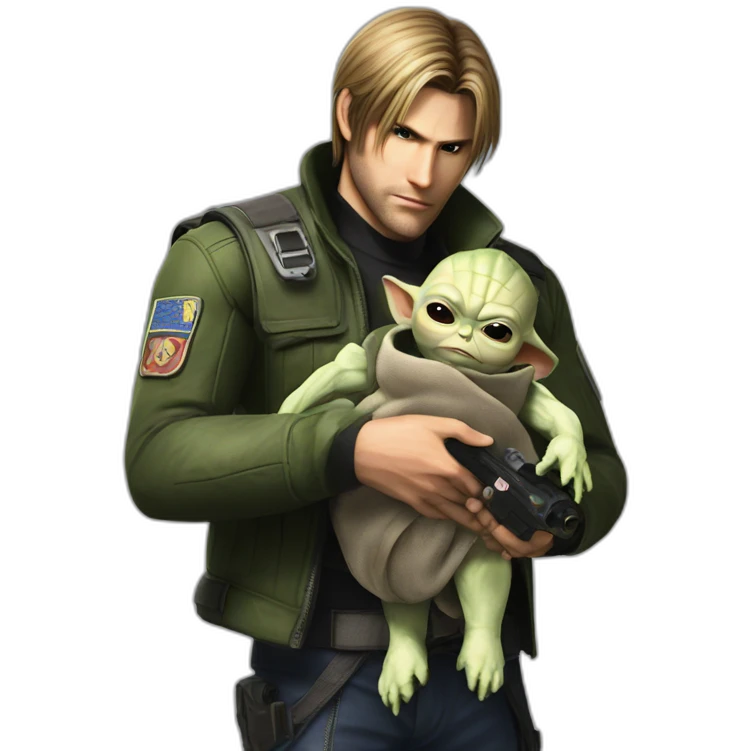 Leon Kennedy ( Resident Evil) holding baby yoda emoji
