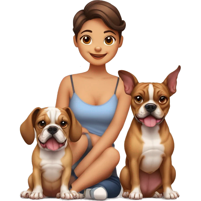 família de um bulldog francés e um pinscher um pai careca uma mae com cabelo ondulado uma menina com cracois uma bebe com caracóis e um menino com cabelo curto ondulado emoji