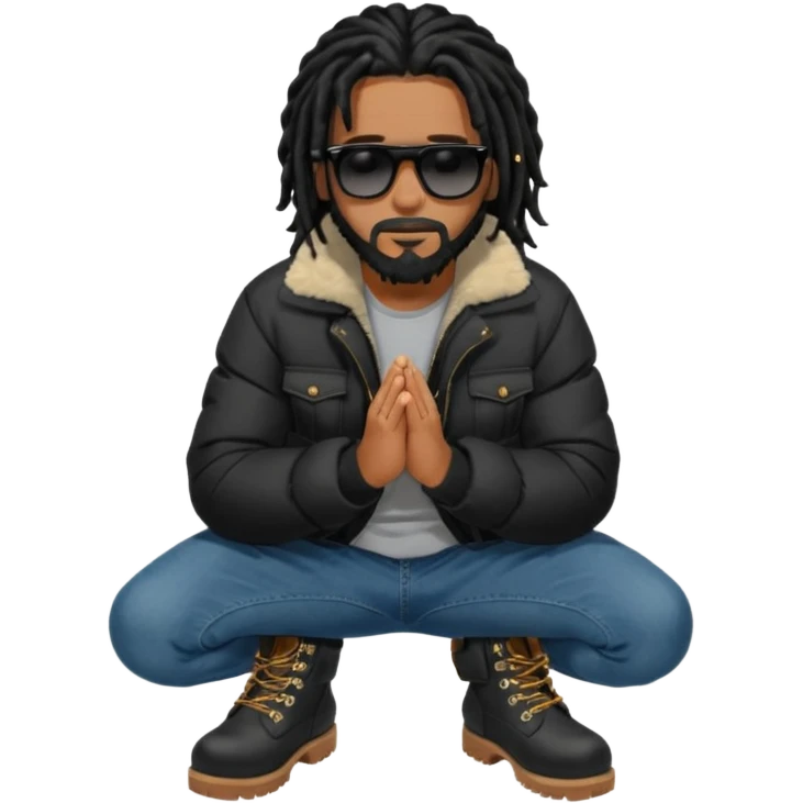 African American man with shoulder length black dreadlocks with black beard wearing black sunglasses wearing a black bubble winter coat wearing denim skinny jeans and timberland boots kneeling in prayer emoji