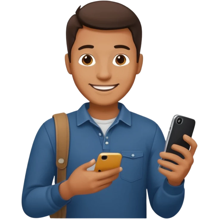 man casual clothes holding a phone emoji