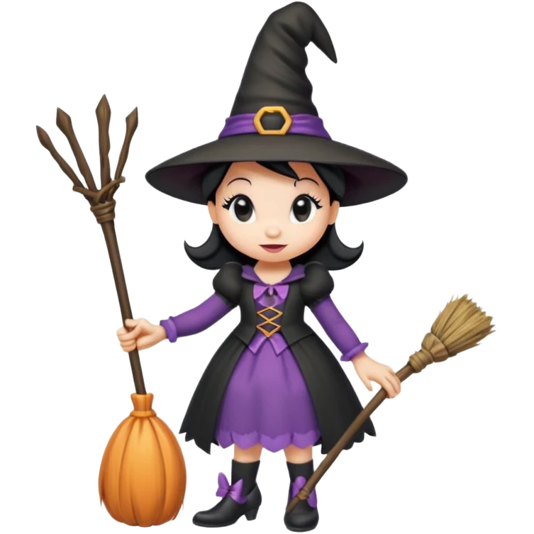 
Minnie as a witch (hat + broom)  cartoon -style/cute and transparent for a sticker emoji