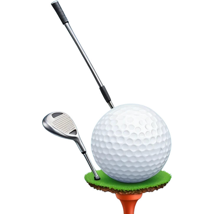 A close-up golf ball on a tee, with a golf club placed beside it, set on a well-manicured green. The background is a peaceful golf course with a clear blue sky, emphasizing the tranquility and skill required for the sport. emoji