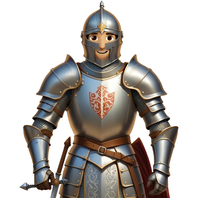 Clash of Clans aesthetic Cheerful Knight Portrait Emoji, With a radiant smile and an upright, confident stance, featuring an elegantly armored figure with intricate detailing and shining accents, his face in a natural skin tone, Simplified yet expressive features, highly detailed, glowing with a soft, luminous aura, high shine, upbeat and noble, stylized with an air of classic medieval heroism, soft glowing outline, capturing the essence of a cheerful knight ready to embark on legendary adventures! emoji