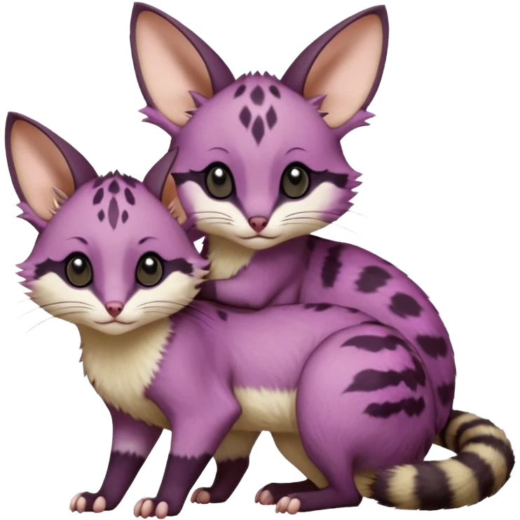Magenta, purple-pointed, soft realistic romantic vintage antique divine beautiful elegant pretty precious cute young youthful  Fakémon-Pokémon-opossum-feline-mouse-serval-caracal-chinchilla-Minccino-Cinccino-Meowstic-rodent-hybrid-creature with a big fluffy bushy tail (full body) emoji