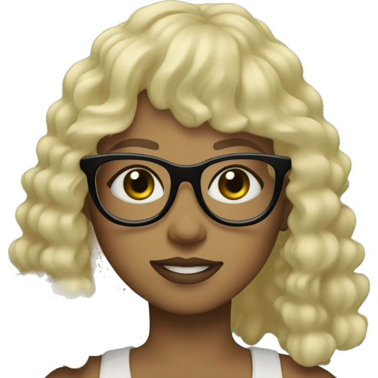 a girl with black glasses (square-shaped), green eyes, light skin and curly dark-blonde long hair with bang emoji