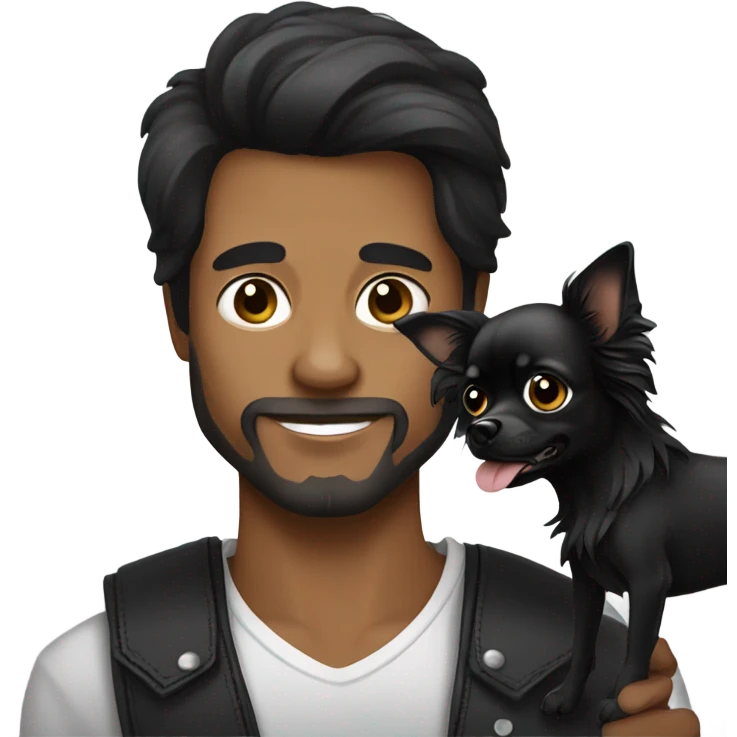Handsome man holding all black long haired chihuahua emoji