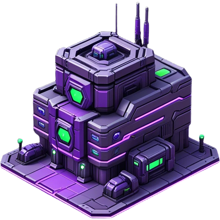 StarCraft-inspired, isometric RTS building with a rugged Terran look: thick metal plating, cyberpunk, neon, purple, rivets, subtle wear, and a gunmetal palette plus one accent color. Add minimal glowing panels for a high-tech feel. Keep it compact—like a forward outpost—and show it from a clean isometric angle, emphasizing an industrial sci-fi style and clear silhouette. emoji