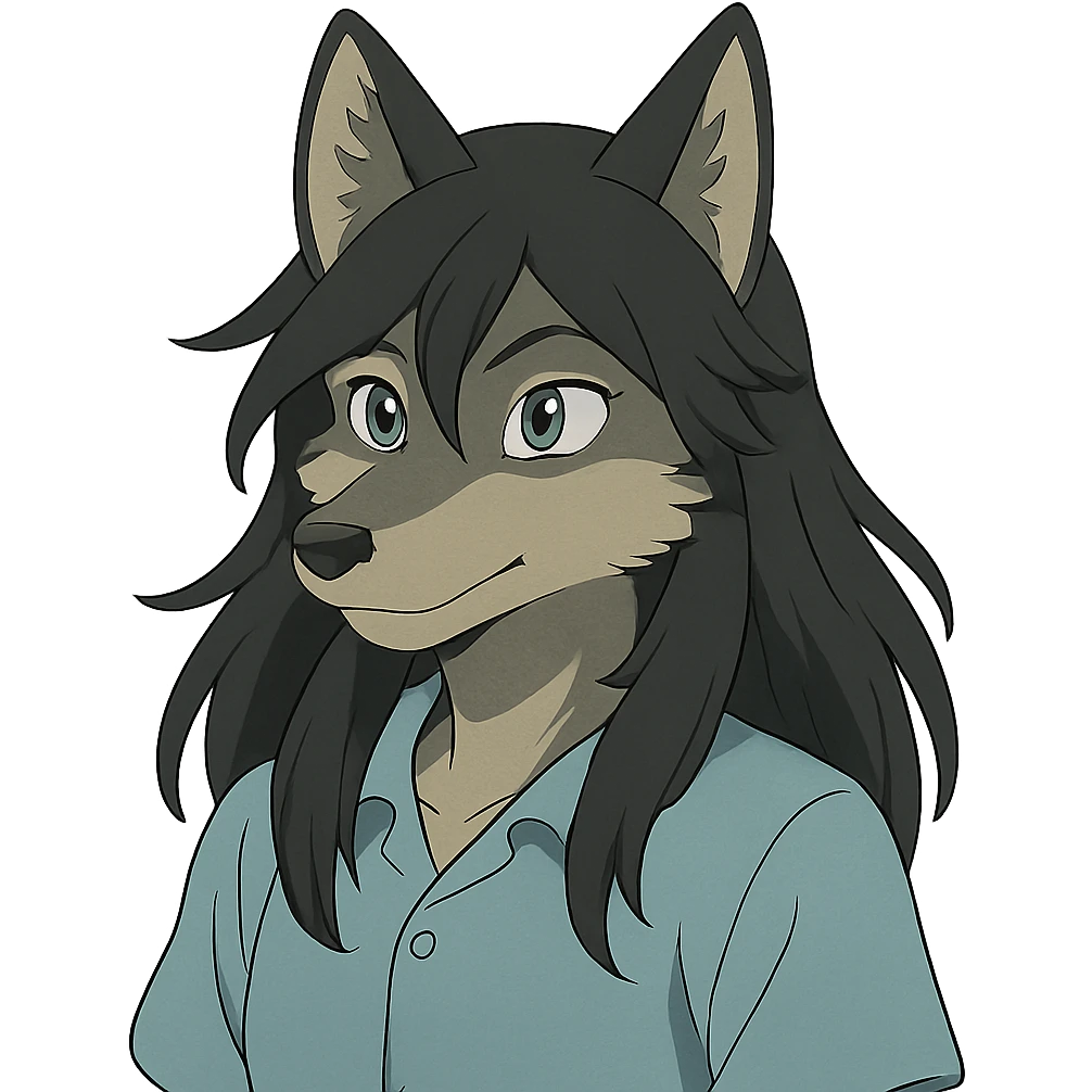 anime style wolf furry character with blue eyes, long black hair, wearing a light blue shirt emoji