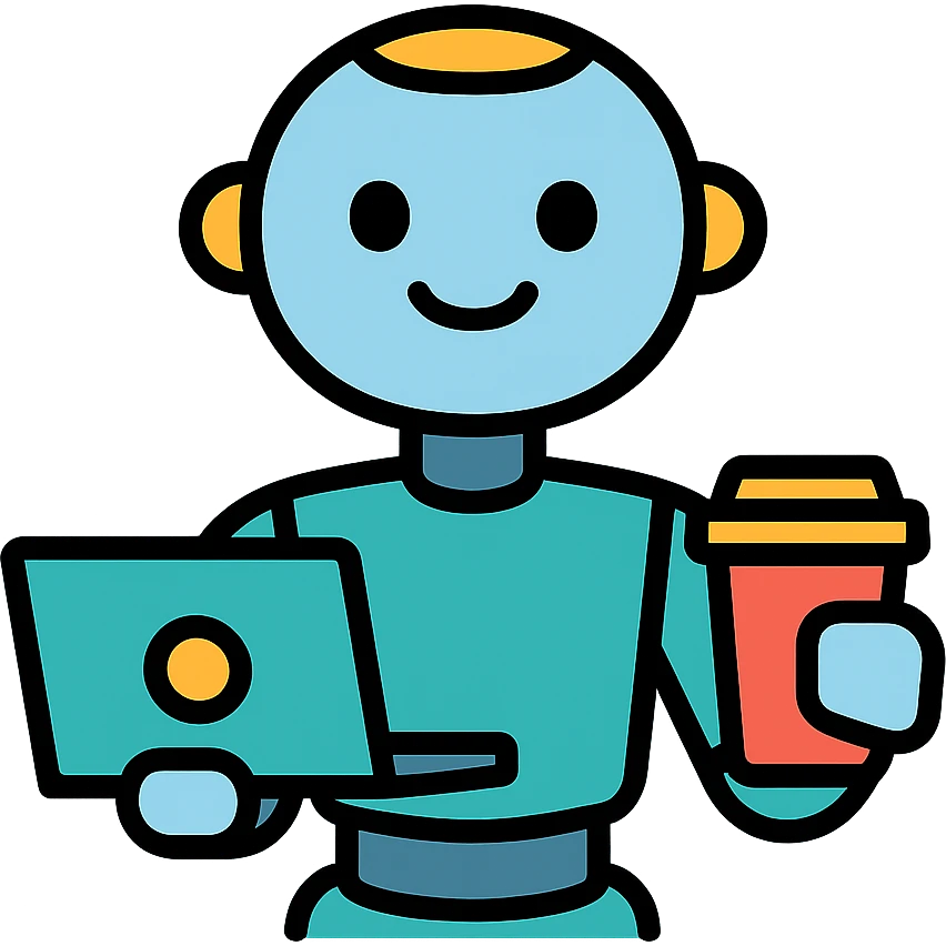 humanoid robot holding a laptop and coffee cup, looking eager, Gen AI intern, flat icon style emoji