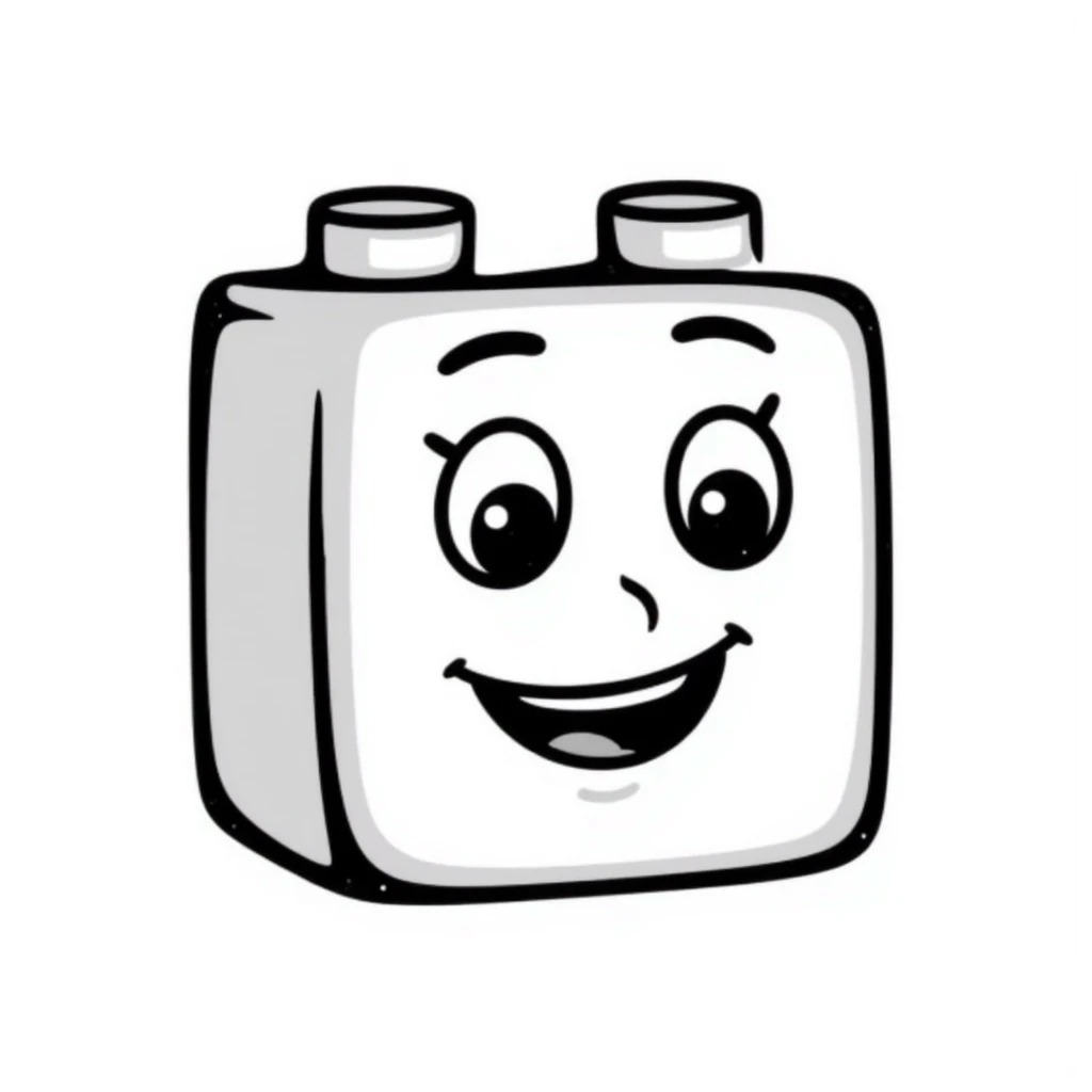 A hand-drawn red Lego-style brick with a silly cute expression emoji
