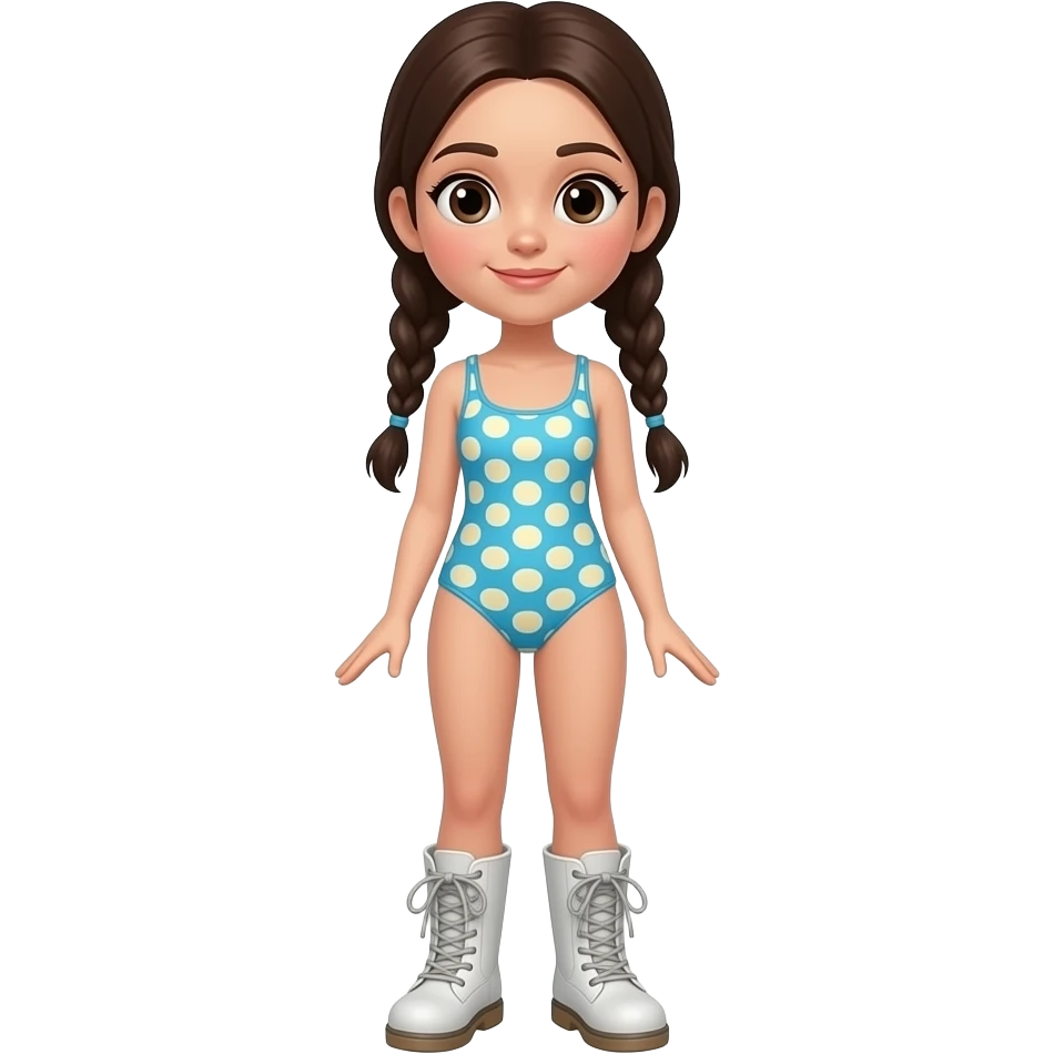 brunette girl in a swimsuit, moon boots on her feet, and two braids emoji