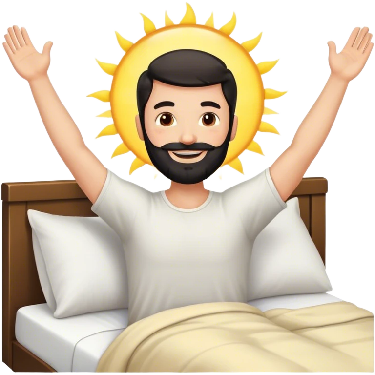 black beard happy man waking up out of bed stretching arms with sunshine in the back emoji