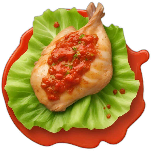 chicken steak on a lettuce leaf, covered with tomato and pepper sauce emoji