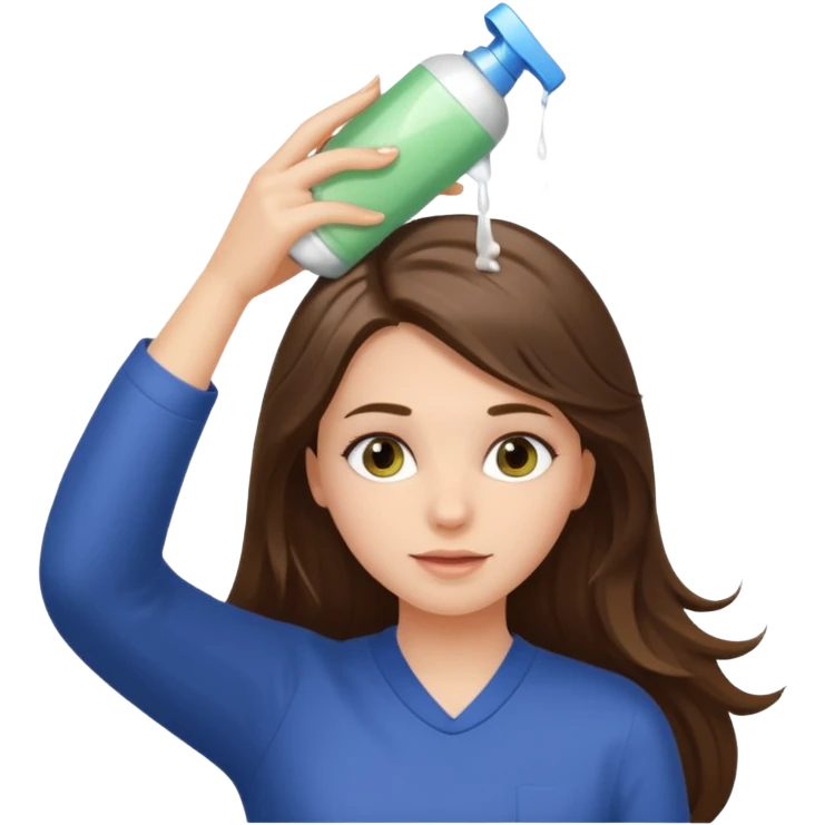 white long brunette hair girl with hazel eyes putting shampoo in emoji