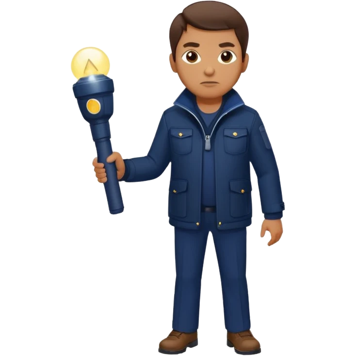 Security, Middle-aged, wearing navy blue jacket, serious facial expression, holding flashlight, full body emoji