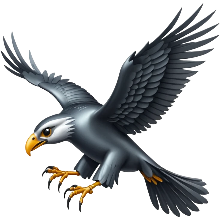 Emoji-style icon of a large metallic predatory bird flying, sharp wings, steel texture, dramatic pose, dark background emoji