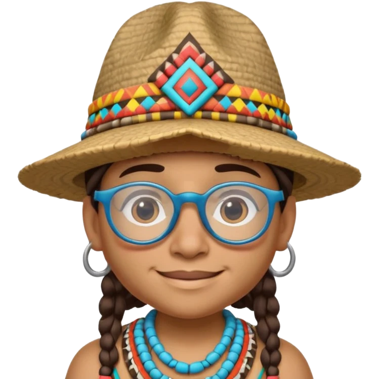 cute Indigenous tribal character portrait, head and shoulders only, wearing glasses, stylish hat, friendly smile, colorful tribal patterns, 3D cartoon, mobile game icon style, clean background, no text, no watermark
 emoji