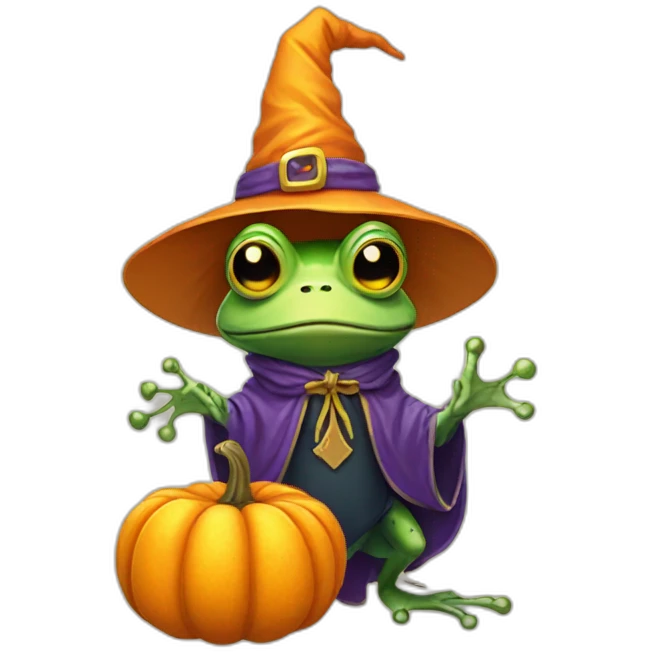 Wizard frog with pumpkin with Skeleton outfit emoji