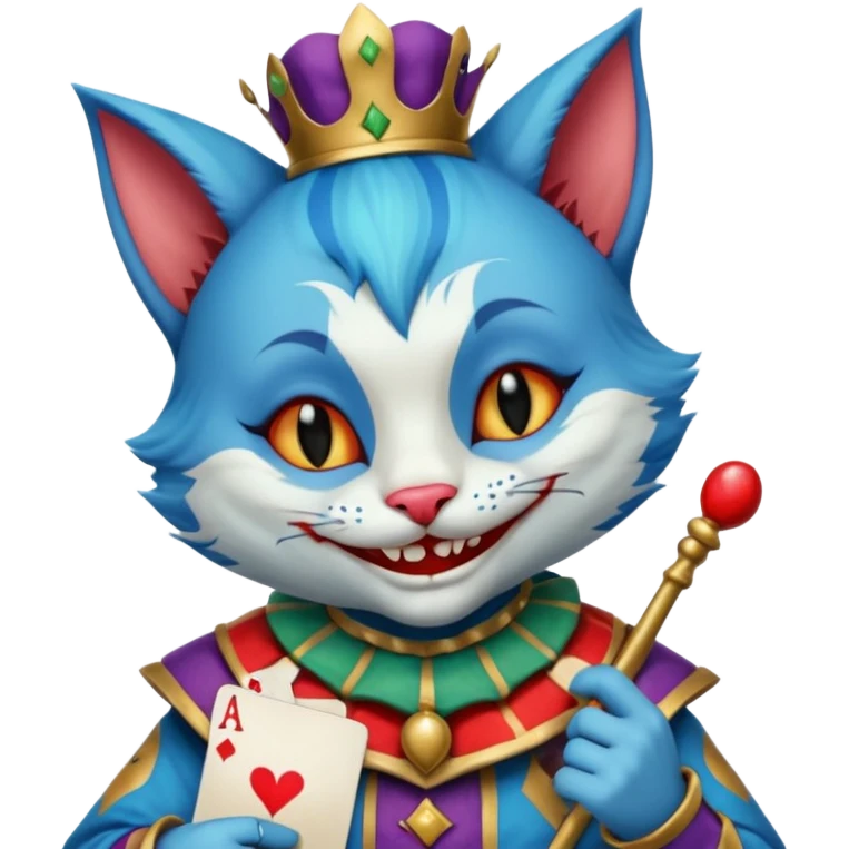 crazy colorful cute little cat jolly joker from poker, medieval, vintage, court jester, mac os icon, blue color, holds poker cards emoji