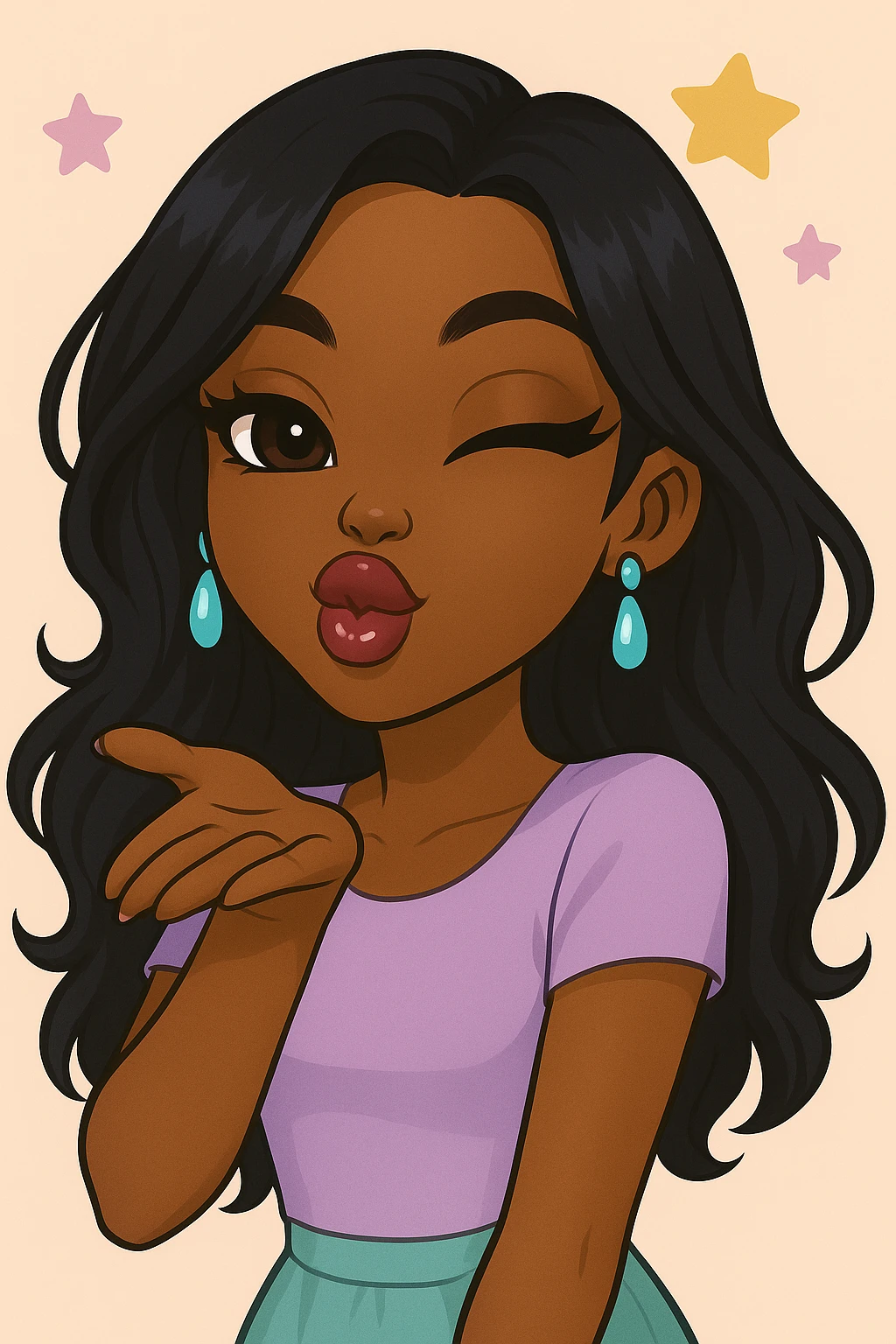 Change the pose to blowing a kiss, headshot only, keep her as a 20-year-old anime Bratz style woman with dark skin, dark hair, cute pastel Y2K look, big expressive eyes, glossy lips, and a happy expression. No tears. emoji