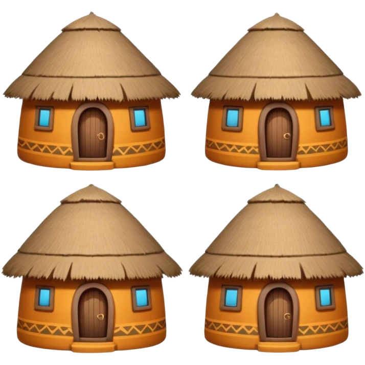 4 different African mud hut tribal houses, each unique, round adobe clay huts, thatched roofs, colorful tribal decorations, mobile game icon style, 3D cartoon, clean background, consistent lighting, consistent proportions emoji